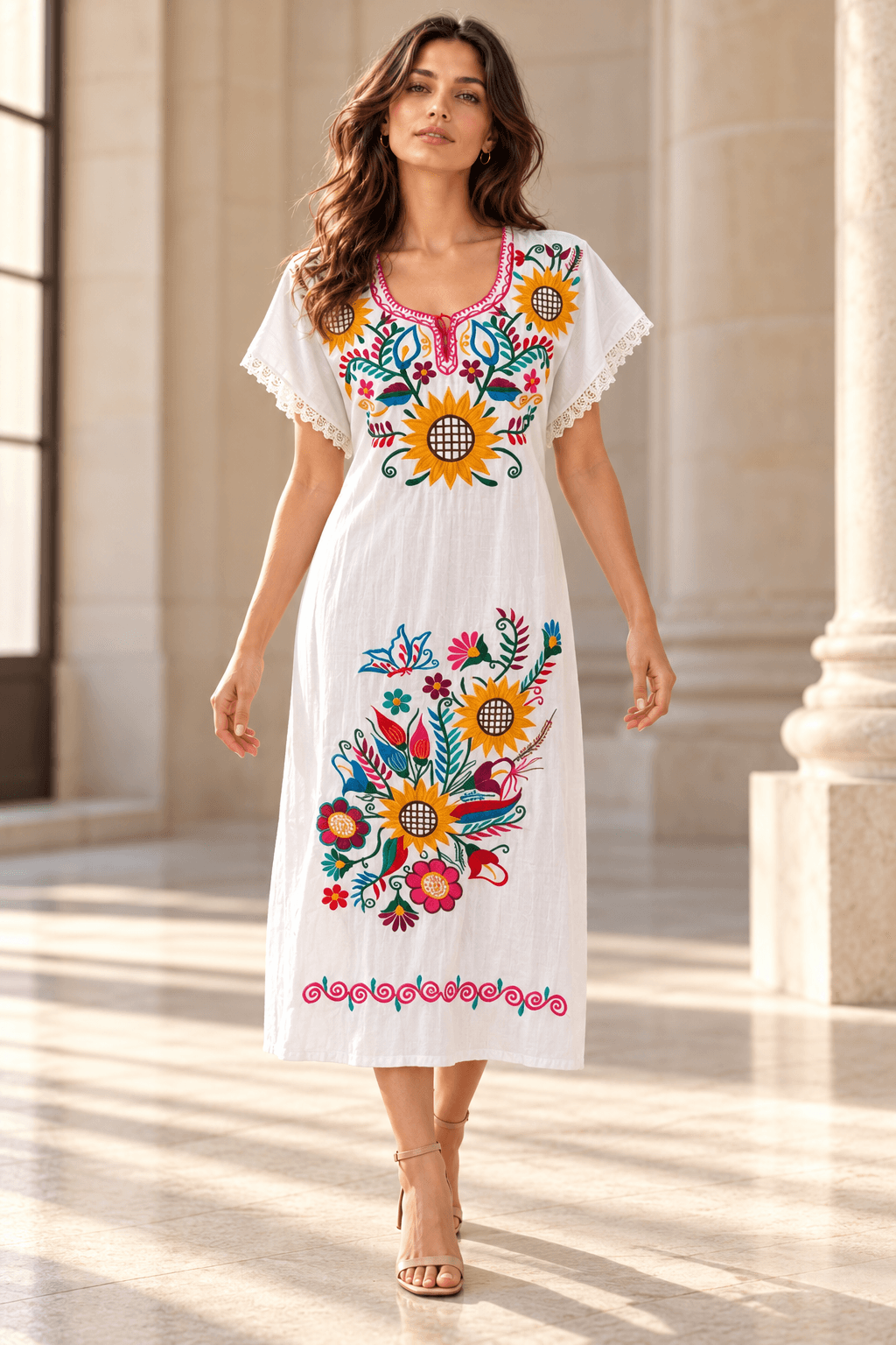 Vestido blanco con girasoles bordados