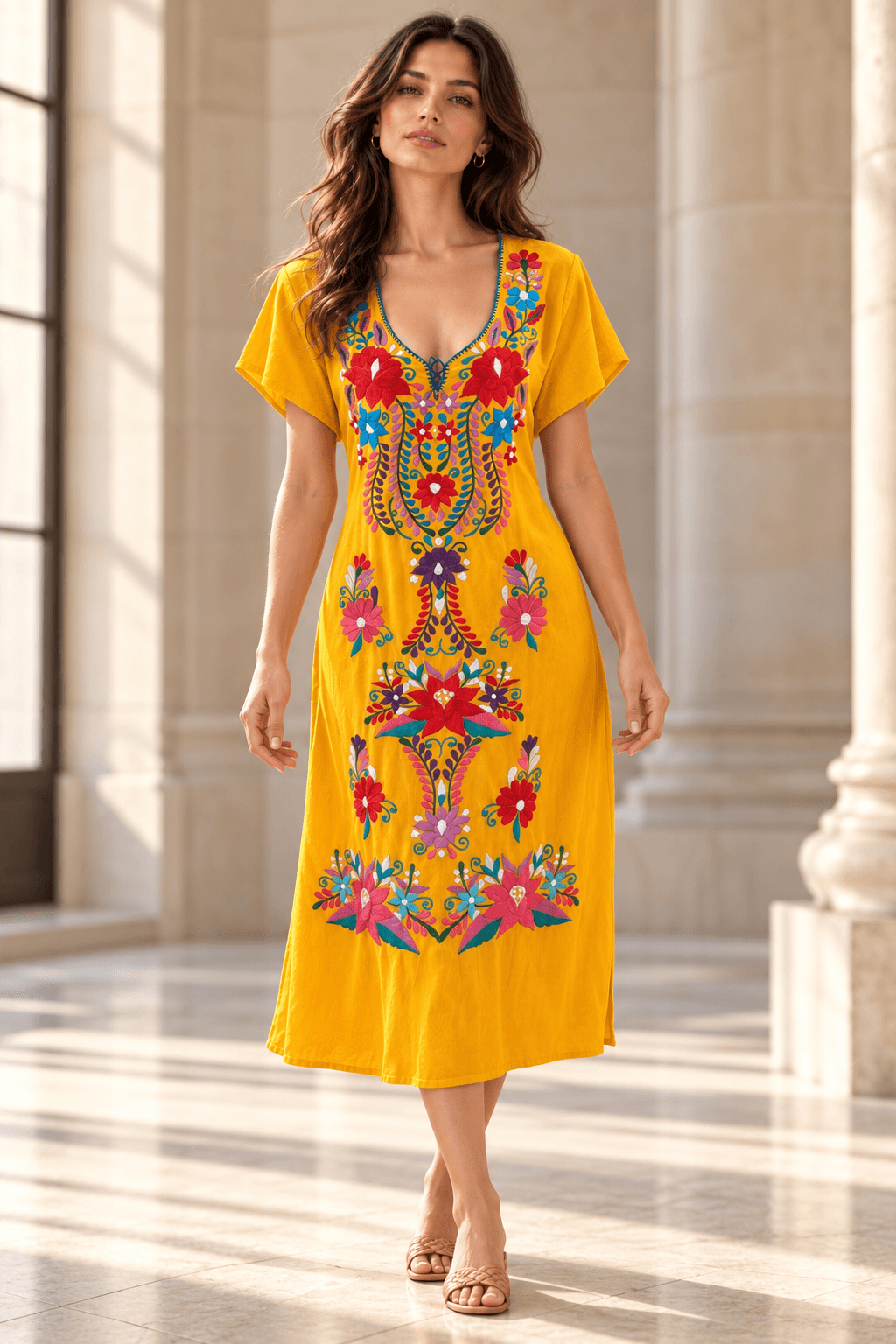 Vestido amarillo con bordado floral multicolor