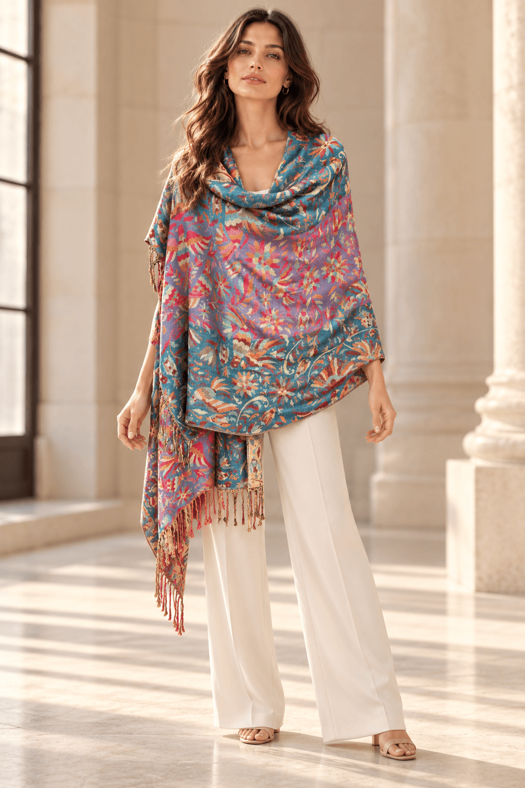 Chalina azul con diseño multicolor y flecos