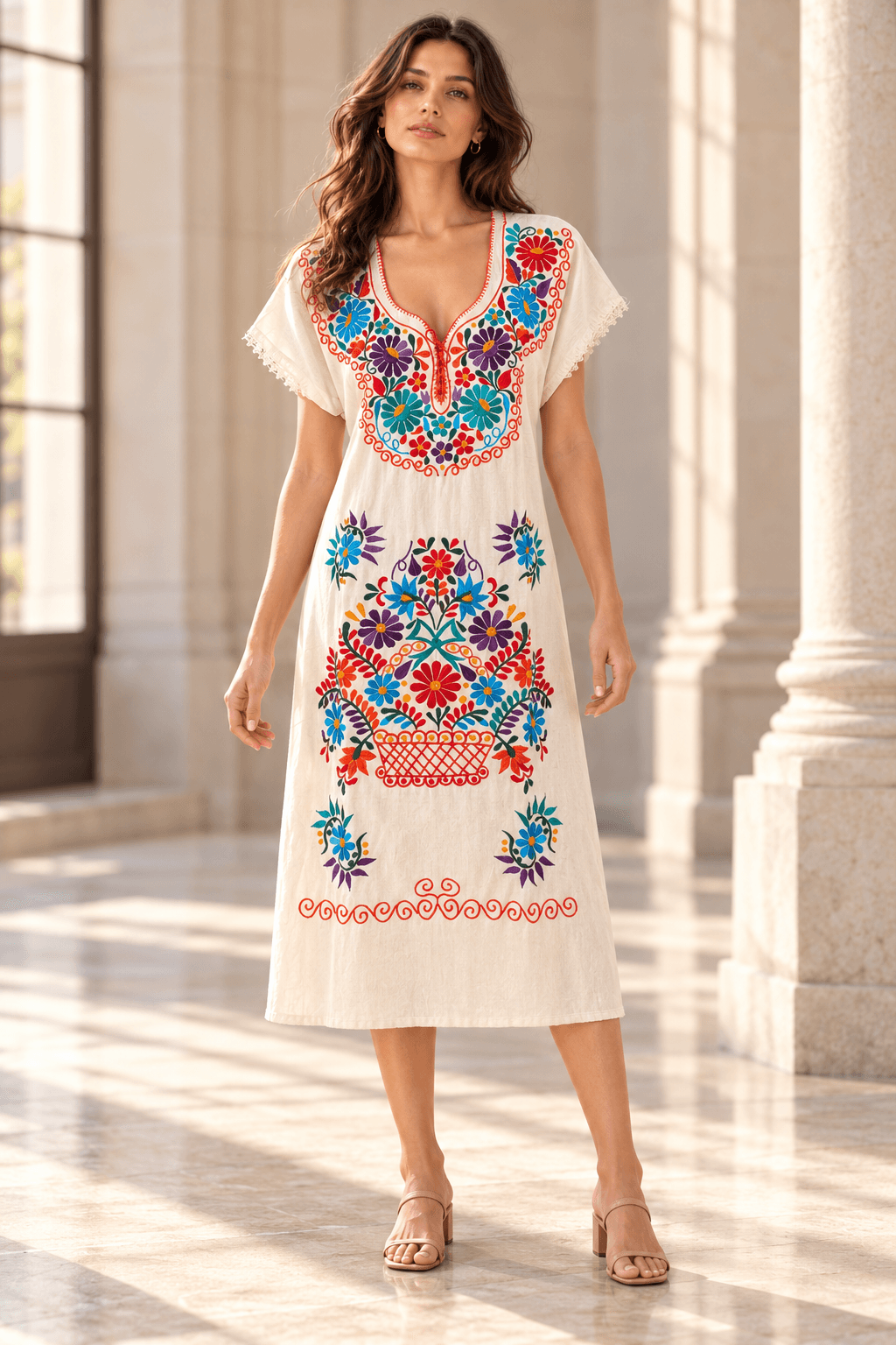 Vestido color hueso con canasta de flores bordada