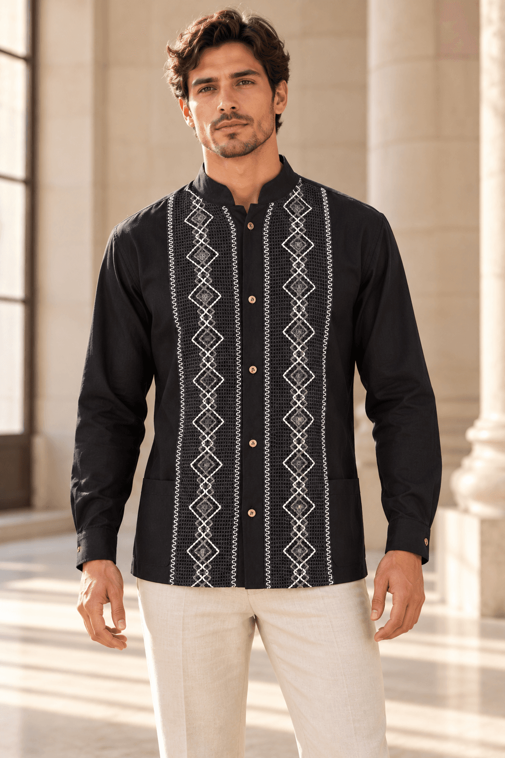 Guayabera azul marino de manga larga