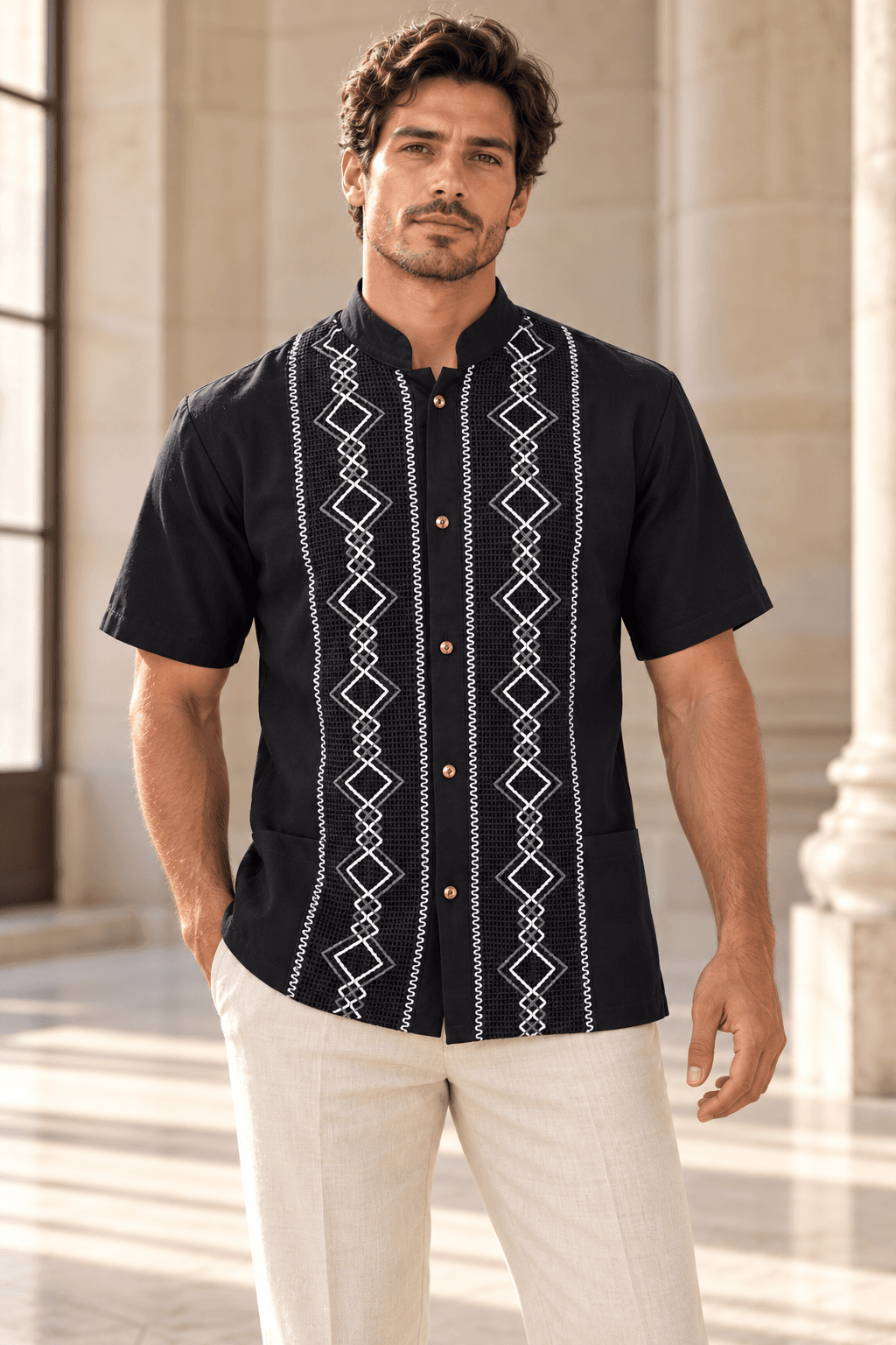 Guayabera azul marino de manga corta
