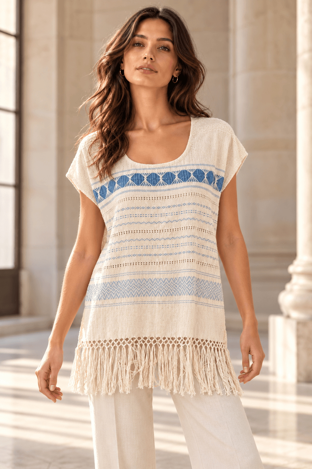 Blusa de telar crema con franjas azules